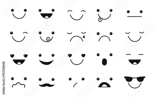 Simple doodle face impression set. Emotions for design. Laughter and tears. Happy, joy and sadness. Vector illustration.