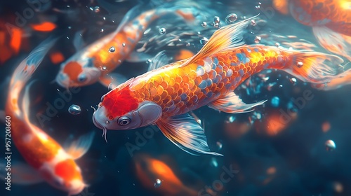 Mesmerizing Koi Fish Swimming in a Futuristic Digital Matrix with Neon Colors and Abstract Forms photo