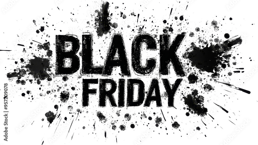 Black Friday text in black grunge on white, reflecting holiday shopping excitement Black Friday text in black grunge on white, reflecting holiday shopping excitement