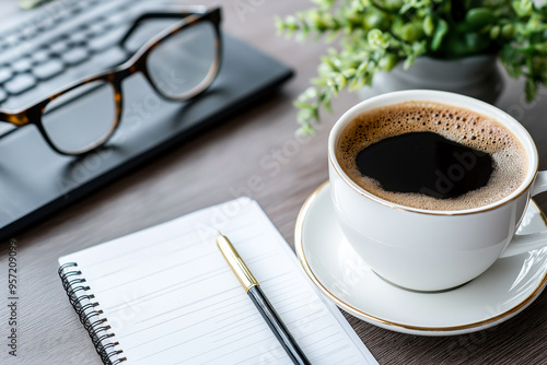 Cozy Workspace With Coffee and Writing Essentials