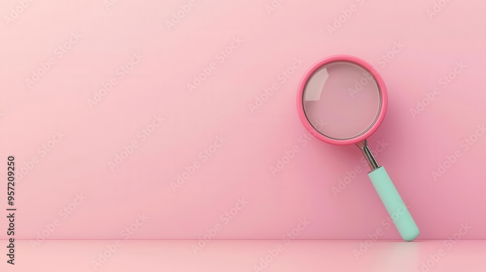 A colorful magnifying glass rests on a pink background, ideal for themes of search and discovery. A colorful magnifying glass rests on a pink background, ideal for themes of search and discovery.