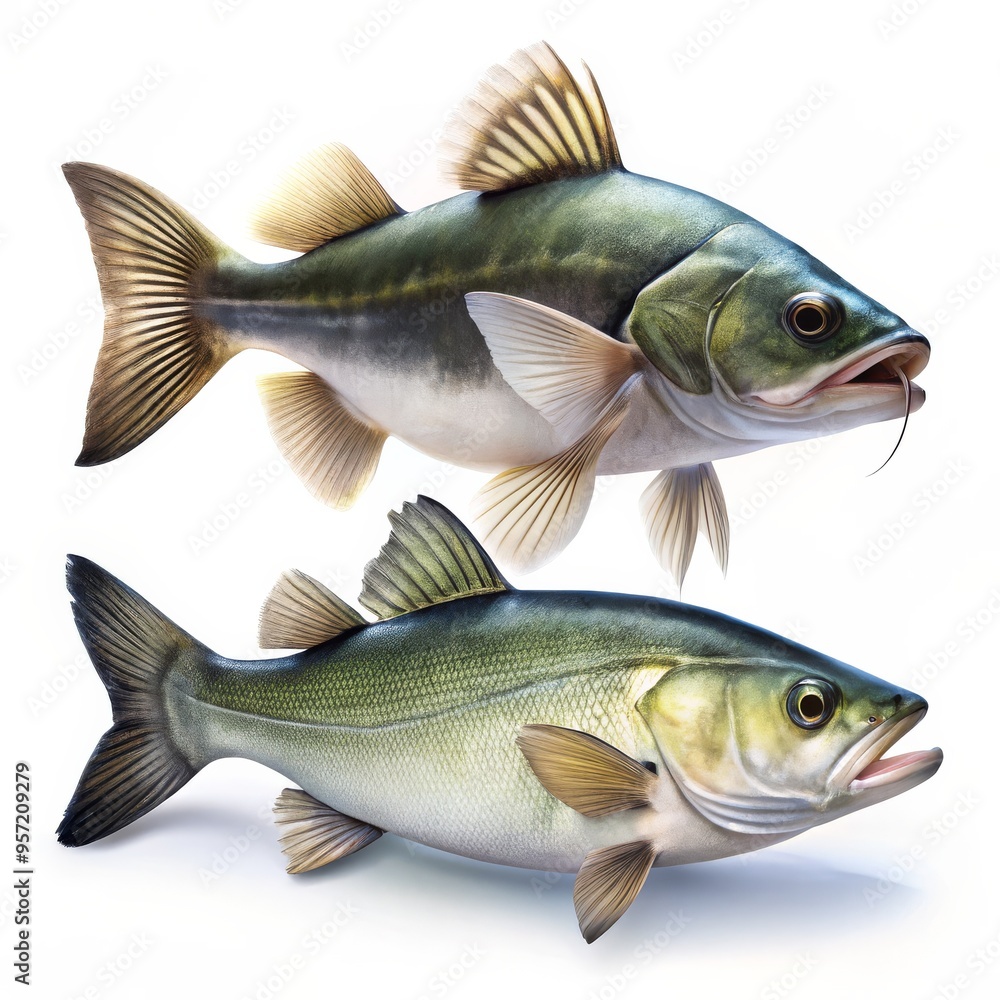 Realistic 3D Rendering of Two Fish Pike and Perch, Digital Art, Detailed Scales, Fish Anatomy, Pike, Perch, Freshwater Realistic 3D Rendering of Two Fish Pike and Perch, Digital Art, Detailed Scales, Fish Anatomy, Pike, Perch, Freshwater