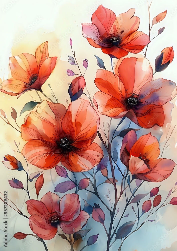 A delicate watercolor painting of blooming flowers in soft red and peach tones with blue leaves. Perfect for art prints, stationery designs, and home decor projects. A delicate watercolor painting of blooming flowers in soft red and peach tones with blue leaves. Perfect for art prints, stationery designs, and home decor projects.