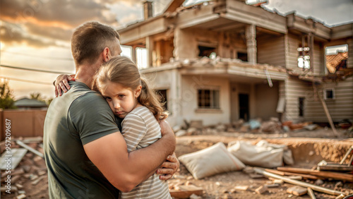 Cute little girl hugging her father while standing in front of a destroyed house