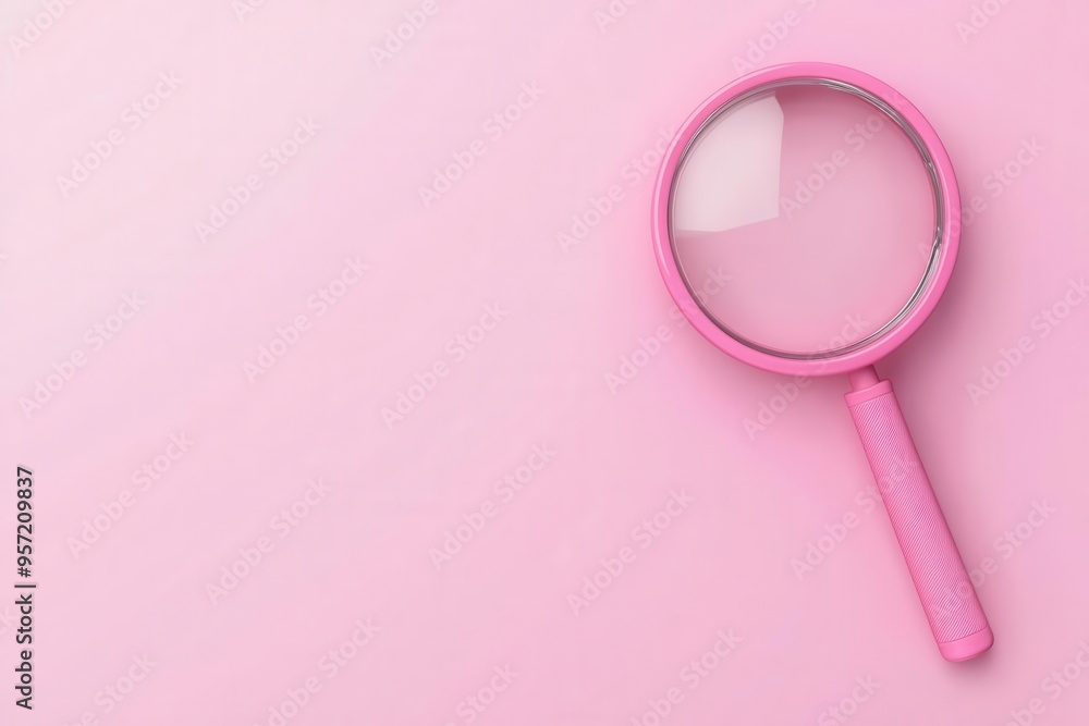 A whimsical pink magnifying glass on a pastel pink background, ideal for creative designs and playful themes. A whimsical pink magnifying glass on a pastel pink background, ideal for creative designs and playful themes.