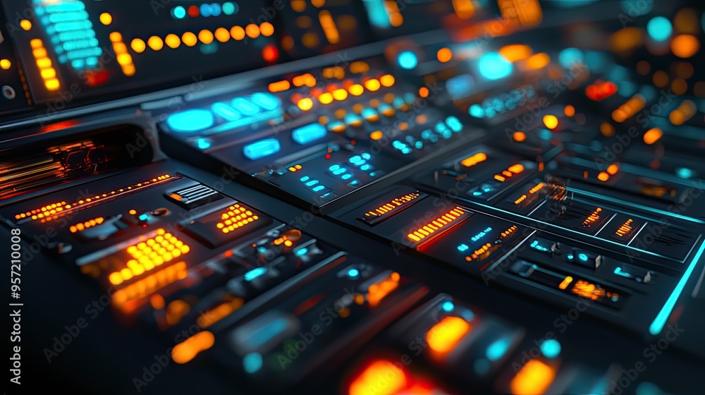 A close-up of a control panel operated by AI, with data streams and indicators glowing, showcasing the seamless integration of technology in automation. Plenty of space for copy. A close-up of a control panel operated by AI, with data streams and indicators glowing, showcasing the seamless integration of technology in automation. Plenty of space for copy.