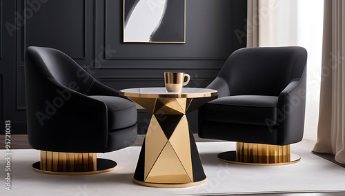 black armchair near round coffee table golden elements hollywood glam luxury home interior design modern living room photo