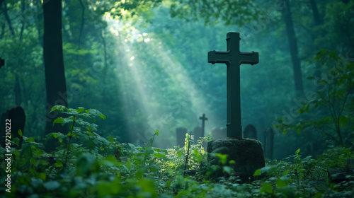 Serene Light Illuminating Cross in Tranquil Cemetery Scene