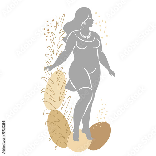 Silhouette of woman figure and plant leaves. Girl is standing. Lady is full of beauty and sexuality. Girl is overweight vector illustration.