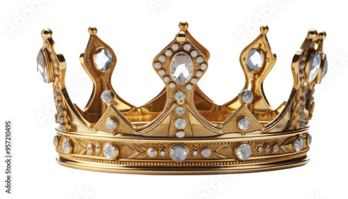 King's Golden Crown with Attached Diamonds Isolated on Transparent Background, PNG – Regal, Luxurious, Elegant, Opulent, Royal, Sparkling, Precious, High-Value, Ornate