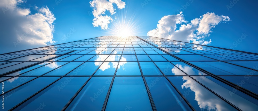 Reflective Glass Building with Blue Sky and Clouds Reflective Glass Building with Blue Sky and Clouds