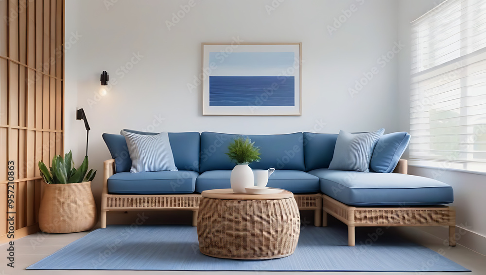 Naklejka premium coastal farmhouse country interior design modern living room wicker sofa blue cushion side tables lamps grid window