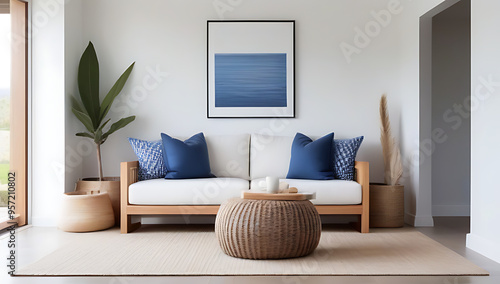 coastal country interior design modern living room rustic coffee table wicker pouf near white sofa blue patterned pillows wall wooden shelves