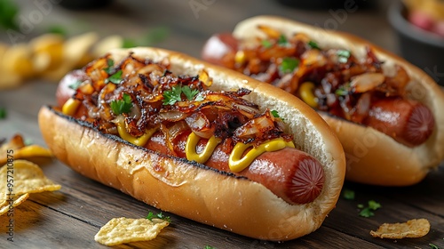A close-up shot of two hot dogs with crispy grilled onions, mustard, and ketchup, set on a rustic wooden table with potato chips scattered around,