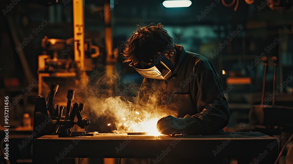 A welder in a dimly lit workshop, the glow of the flame highlighting their focused expression as they shape metal into art. Ample copy space for text or promotional content. A welder in a dimly lit workshop, the glow of the flame highlighting their focused expression as they shape metal into art. Ample copy space for text or promotional content.