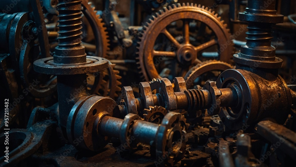 Rusty gears from an old machine, softly illuminated to reveal their historical charm. Rusty gears from an old machine, softly illuminated to reveal their historical charm.