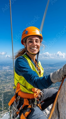 A smiling climber enjoys breathtaking views from the summit, showcasing adventure and determination in a vibrant landscape. photo