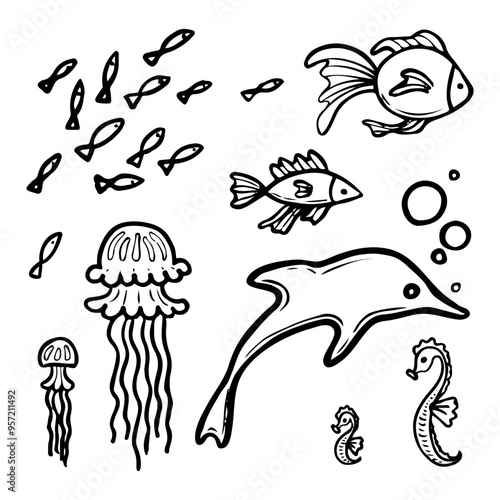 Set sea fish hand drawn doodle. Animals living in ocean. Dolphin, jellyfish, seahorse. Diving coral reef. Vector sketch line art illustration.