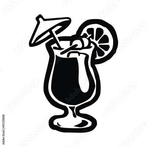 Tropical Drink vector icon. Isolated sunset-orange-colored tropical beverage in a stemmed glass served with a straw and fruit garnish.