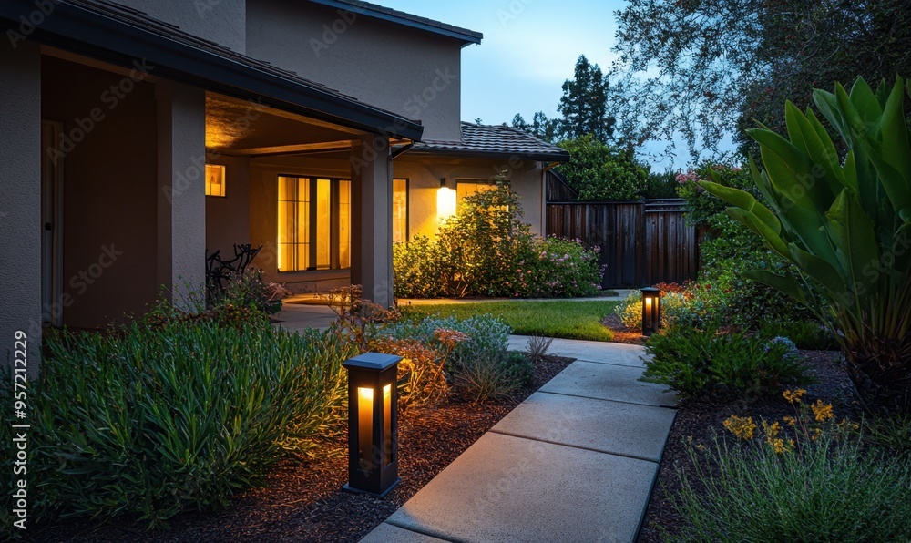 landscape lighting in the front yard, showing various types and sizes of walkway and path lights around the house the garden area with low-hanging lights to illuminate the plants Generative AI landscape lighting in the front yard, showing various types and sizes of walkway and path lights around the house the garden area with low-hanging lights to illuminate the plants Generative AI