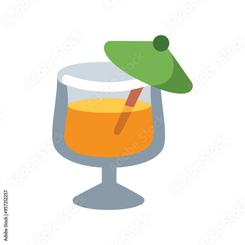 Tropical Drink vector icon. Isolated sunset-orange-colored tropical beverage in a stemmed glass served with a straw and fruit garnish.