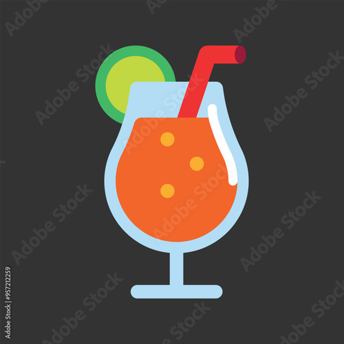 Tropical Drink vector icon. Isolated sunset-orange-colored tropical beverage in a stemmed glass served with a straw and fruit garnish.