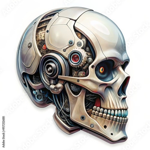 The Mechanical Skull A Glimpse into the Machine Mind, digital painting, skull with robotic parts, AI, futurism, cyborg, machine learning