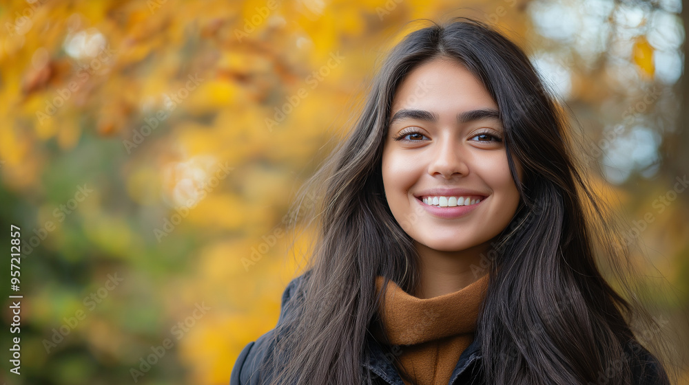 Copy space, stockphoto, Portrait of young happy smiling hispanic girl in autumn park, positive cheerful young woman enjoying a walk outdoors in autumn forest Copy space, stockphoto, Portrait of young happy smiling hispanic girl in autumn park, positive cheerful young woman enjoying a walk outdoors in autumn forest