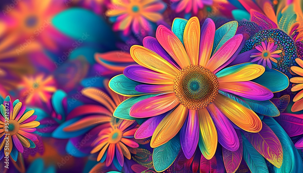flower power hippie multicoloured daisy psychedelic backgroundillustration flower power hippie multicoloured daisy psychedelic backgroundillustration