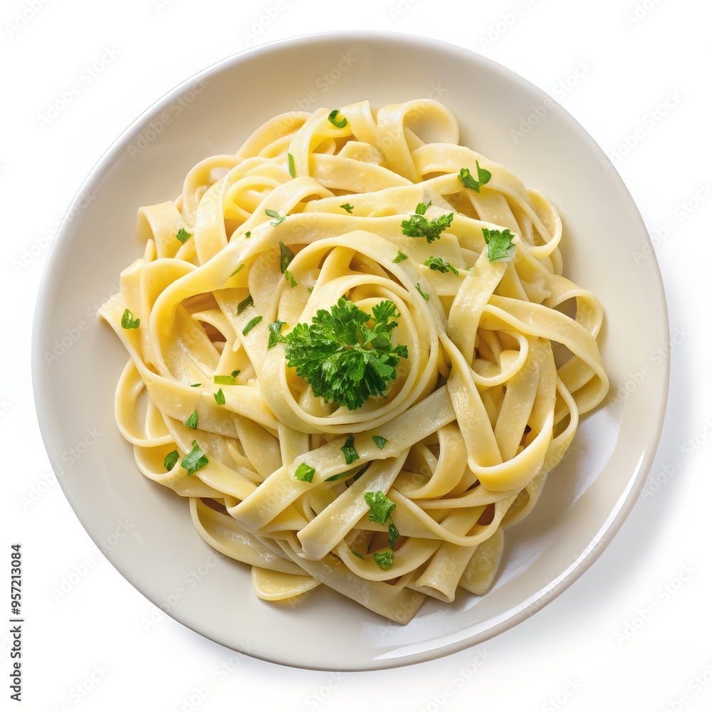 Top View of Fettuccine Pasta with Parsley on a White Plate, Italian Cuisine, Food Photography, Pasta Dish, Fettuccine, Italian Food, Parsley Top View of Fettuccine Pasta with Parsley on a White Plate, Italian Cuisine, Food Photography, Pasta Dish, Fettuccine, Italian Food, Parsley