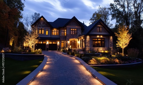 A landscape lit with low-motion lights around the house and the pathway leading to the front door, showcasing the importance of outdoor lighting for home security in a dimly-lit night setting Generati