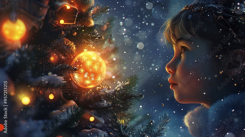 A joyful girl sitting in the snow, the warmth of her lantern shining bright on a magical Christmas evening. A joyful girl sitting in the snow, the warmth of her lantern shining bright on a magical Christmas evening.