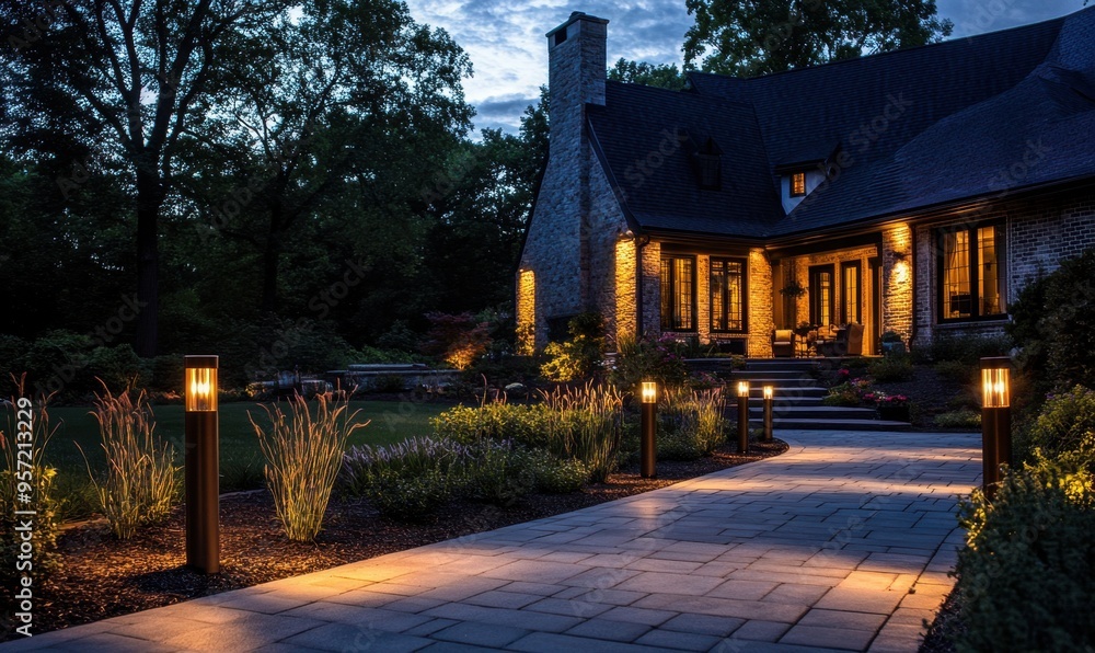 An array of landscape lights illuminating the pathway leading to an elegant home at night, showcasing their beauty and variety in lighting up various areas around your property Generative AI An array of landscape lights illuminating the pathway leading to an elegant home at night, showcasing their beauty and variety in lighting up various areas around your property Generative AI