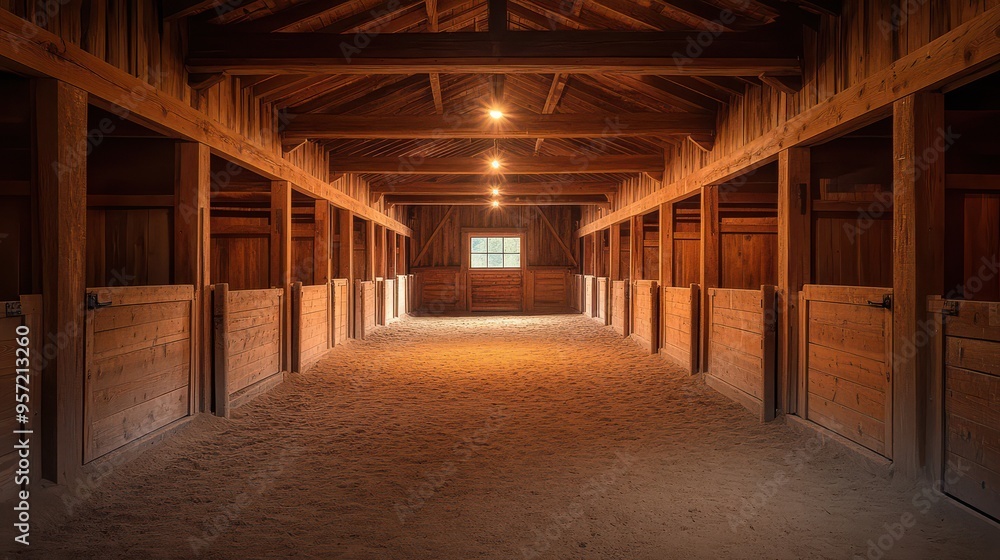 Rustic Wooden Stable Interior with Empty Stalls and Soft Lighting Rustic Wooden Stable Interior with Empty Stalls and Soft Lighting