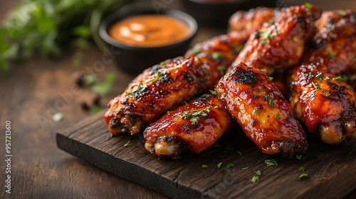 A perspective shot of a chicken wings platter with a variety of flavors, including spicy buffalo, BBQ, and honey mustard, served on a rustic wooden table, with warm sunlight filtering through,