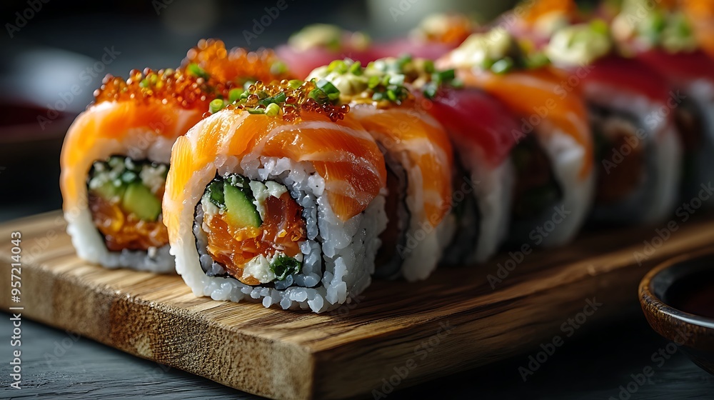 A perspective shot of a sushi roll platter featuring a variety of sushi rolls with vibrant ingredients like tuna, salmon, and avocado, placed on a wooden table with soy sauce, wasabi, and ginger, A perspective shot of a sushi roll platter featuring a variety of sushi rolls with vibrant ingredients like tuna, salmon, and avocado, placed on a wooden table with soy sauce, wasabi, and ginger,