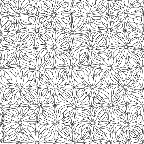 Geometric seamless pattern with floral tiling - hand drawn black and white vector illustration.
