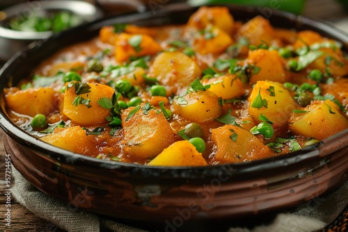 Hearty Aloo Mutter a curry featuring potatoes and green peas photo