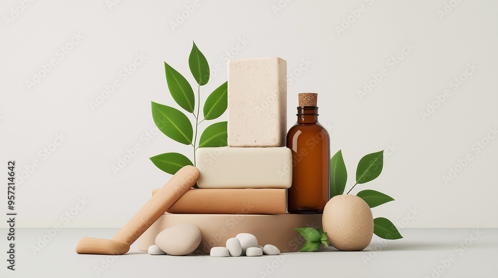 Natural Beauty Product Still Life: A minimalist composition showcasing organic soap bars, a glass bottle with cork stopper, and lush green leaves on a wooden platform against a clean white backdrop. Natural Beauty Product Still Life: A minimalist composition showcasing organic soap bars, a glass bottle with cork stopper, and lush green leaves on a wooden platform against a clean white backdrop.