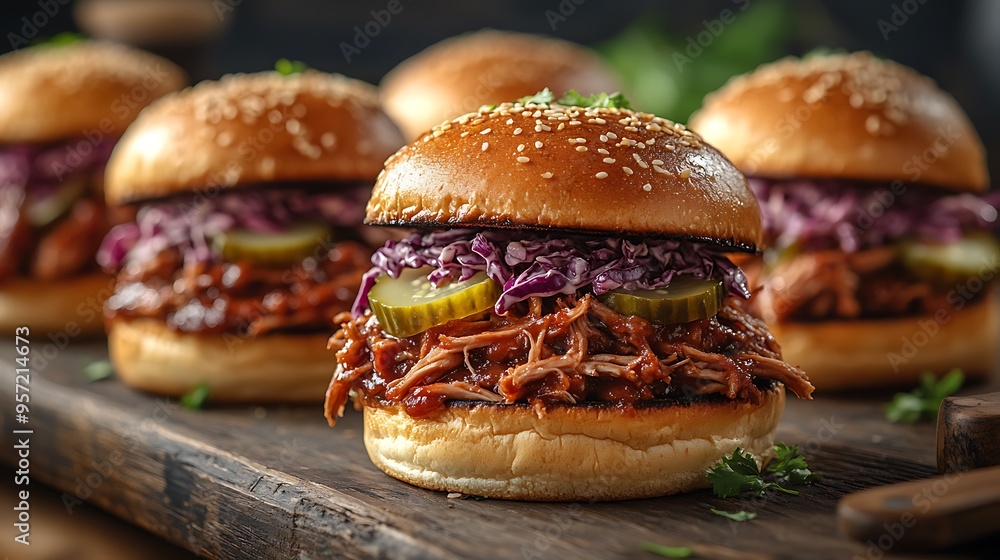 A perspective shot of BBQ pulled pork sliders filled with tender pork, coleslaw, and pickles, arranged on a wooden table, with warm sunlight filtering through, creating a vibrant and delicious scene, A perspective shot of BBQ pulled pork sliders filled with tender pork, coleslaw, and pickles, arranged on a wooden table, with warm sunlight filtering through, creating a vibrant and delicious scene,
