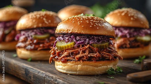 A perspective shot of BBQ pulled pork sliders filled with tender pork, coleslaw, and pickles, arranged on a wooden table, with warm sunlight filtering through, creating a vibrant and delicious scene,