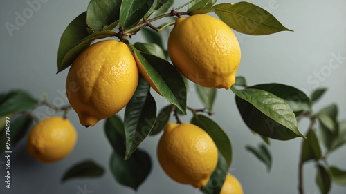 A close up of yellow lemons with green leaves. photo