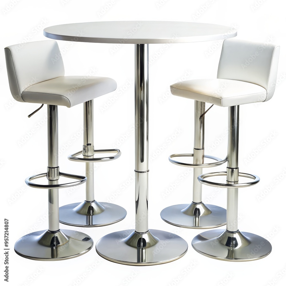 White Round Table with Chrome Bar Stools, Bar Table, Bar Stools, Modern Furniture White Round Table with Chrome Bar Stools, Bar Table, Bar Stools, Modern Furniture