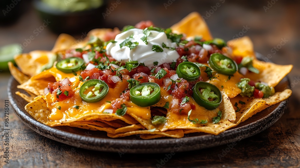 A perspective view of a plate of loaded nachos topped with cheese, jalapenos, sour cream, and guacamole, served on a rustic wooden table, with warm sunlight creating an inviting and delicious scene, A perspective view of a plate of loaded nachos topped with cheese, jalapenos, sour cream, and guacamole, served on a rustic wooden table, with warm sunlight creating an inviting and delicious scene,