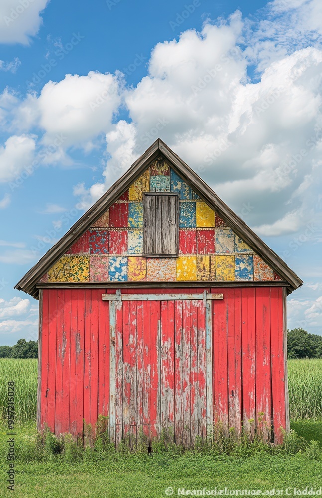 Obraz premium Colorful Patchwork Barn Against a Vivid Blue Sky