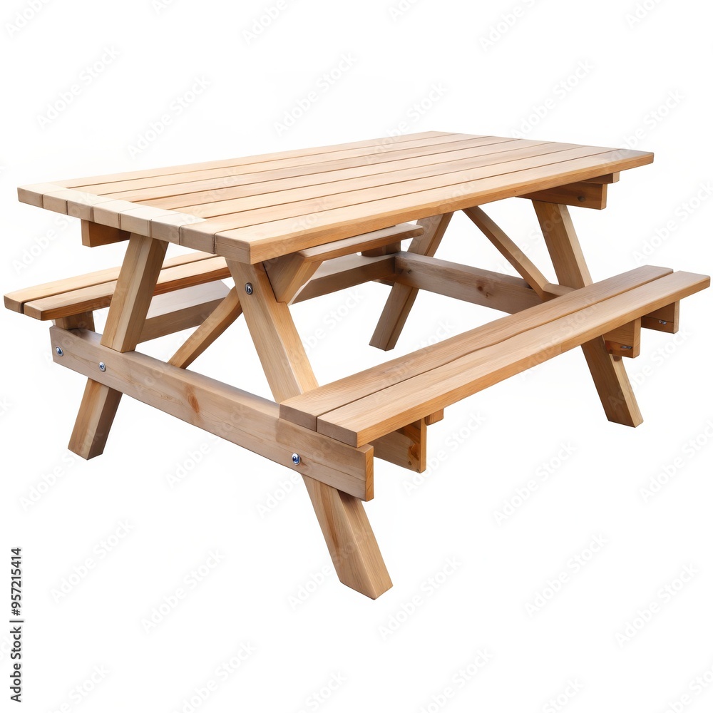 Wooden Picnic Table with Benches, Isolated on White Background, Outdoor Furniture, Picnic, Camping, Table, Benches Wooden Picnic Table with Benches, Isolated on White Background, Outdoor Furniture, Picnic, Camping, Table, Benches