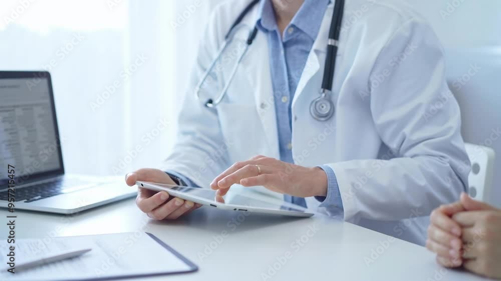Doctor and a patient. The physician, wearing a white medical coat over a blue shirt, is using tablet computer during a consultation in the clinic. Medicine and science Doctor and a patient. The physician, wearing a white medical coat over a blue shirt, is using tablet computer during a consultation in the clinic. Medicine and science