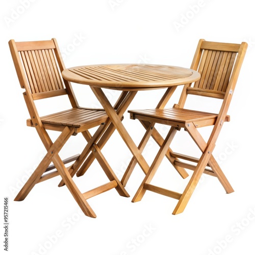 Wooden Table and Folding Chairs Set, White Background, Round Table, Garden Furniture, Dining Furniture, Teak, Patio Set