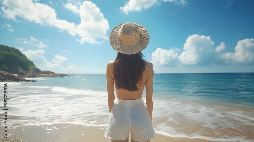 Trendy Summer Clad Woman Enjoying Tranquil Beach Scenery Under Clear Blue Sky Trendy Summer Clad Woman Enjoying Tranquil Beach Scenery Under Clear Blue Sky