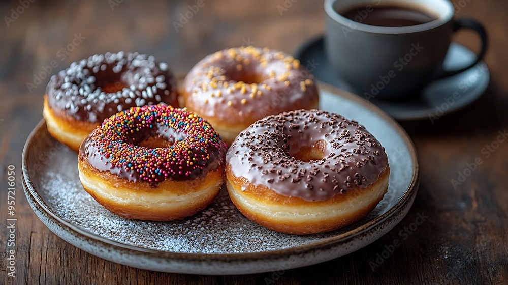 A side-angle view of a plate of donuts with different toppings, such as glaze, chocolate, and sprinkles, served with a cup of coffee on a rustic wooden table, A side-angle view of a plate of donuts with different toppings, such as glaze, chocolate, and sprinkles, served with a cup of coffee on a rustic wooden table,